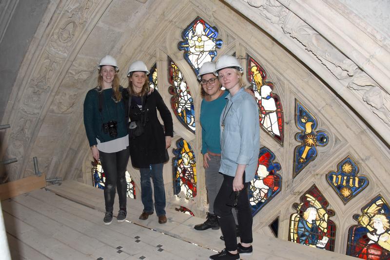Univerisity of York, MA students (Stained Glass Conservation and Heritage Management)on the scaffolding of the Great East Window, York Minster, 