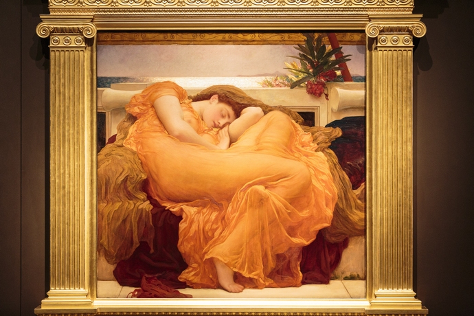 Flaming June, by Frederic Leighton, 1895, oil on canvas, Museo de Arte de Ponce/The Luis A. Ferré Foundation, at the Leighton House Museum exhibition Flaming June: The Making of an Icon. Photo: ©Kevin Moran Photography; courtesy of Leighton House Museum