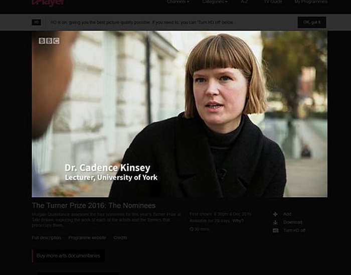 Dr Cadence Kinsey in a still from BBC Four broadcast The Nominees (Turner Prize 2016)