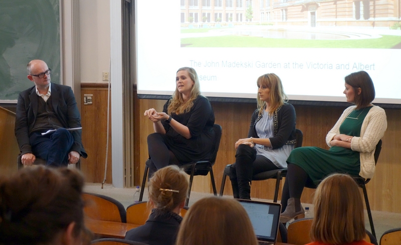 Careers talk at University of York, April 2017: Prof. Anthony Geraghty with l-r V&A Assistant Curators , Penelope Hines, Louise Cooling, Whitney Kerr-Lewis