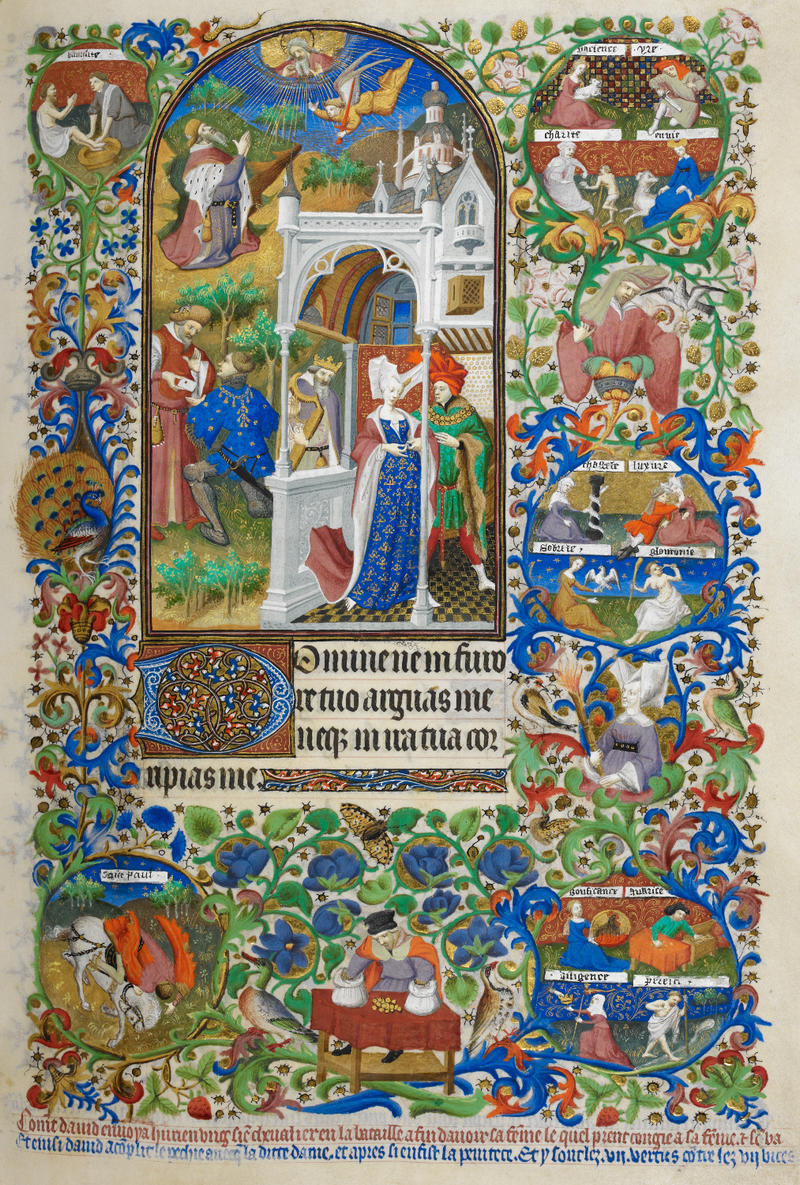 Medieval illuminated manuscript page with biblical scene and intensely detailed