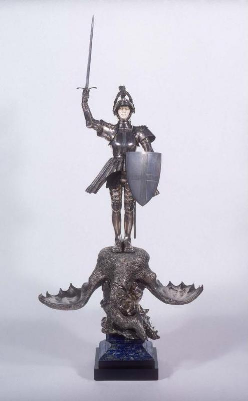 Sculpture Victorious exhibition at Tate Britain, 2014: St George and the Dragon Salt Cellar, by St Edward Onslow Ford (1901); silver, marble, ivory, and lapis lazuli. ©National Museums Liverpool, Lady Lever Gallery