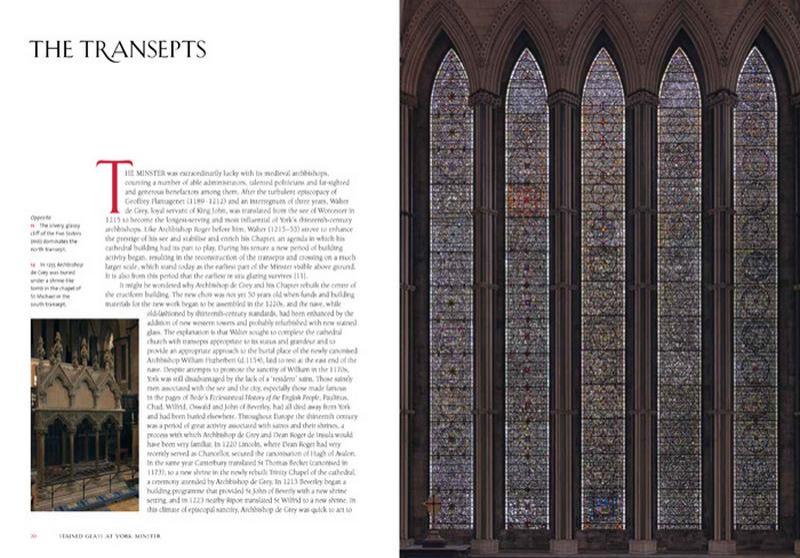 Spread from 'Stained Glass at York Minster' by Sarah Brown (Scala, 2017)