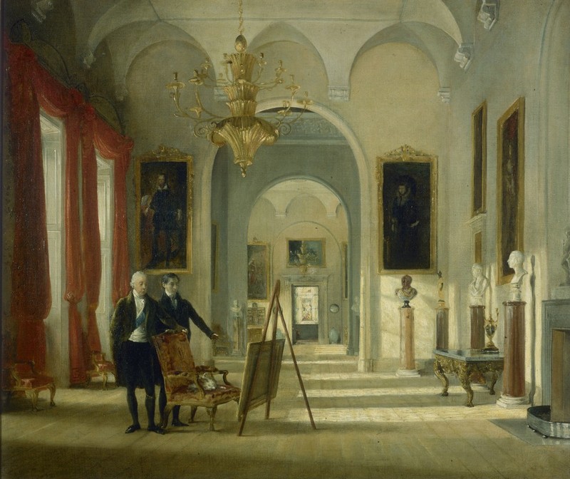 An old man and his son look at a painting in the Long Gallery, Castle Howard
