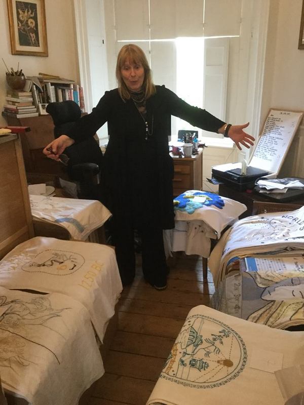 Artist Susan Aldworth with pillowcases for the '1001 Nights' installation 