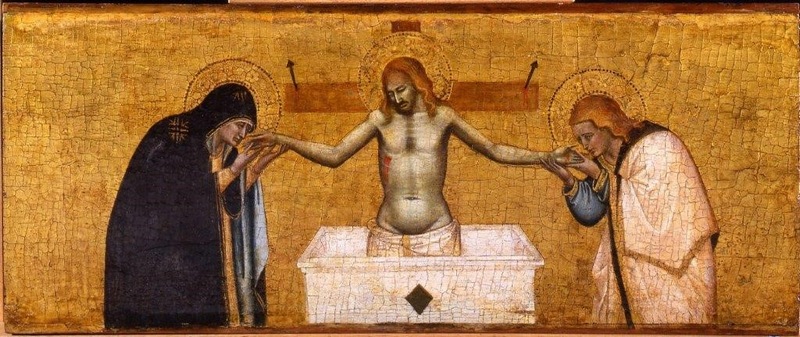 Flesh exhibition at York Art Gallery: Dead Christ with Virgin and St John, Master of the San Luchesse Altarpiece (1300-1399). York Art Gallery